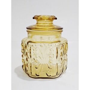 Vtg‎ LE Smith MCM Amber Yellow Glass Lidded Canister Imperial Atterbury Scroll
